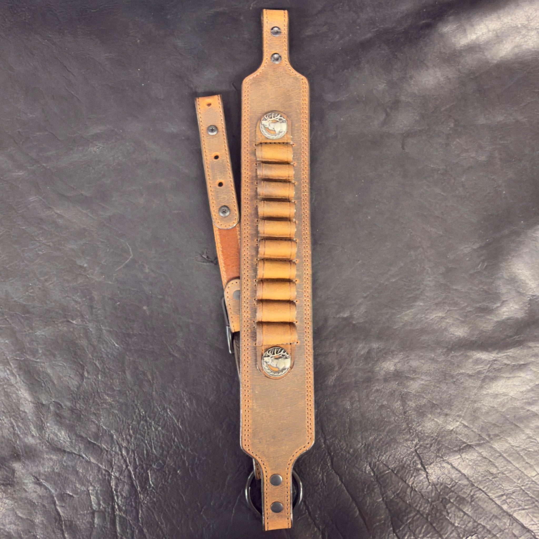 *In Stock* Guide Gun Rifle Sling .45 - 70 Govt Ammo Loops Genuine Water Buffalo Weathered Bomber Brown w/Brown - Busted B Leather