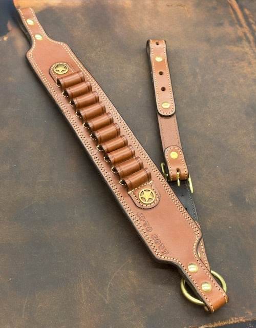 *In Stock* Guide Gun Rifle Sling Marlin 1895 Lever Action Saddle Oil Finish w/Natural 45-70 Govt Antique Brass Smooth Star Conchos