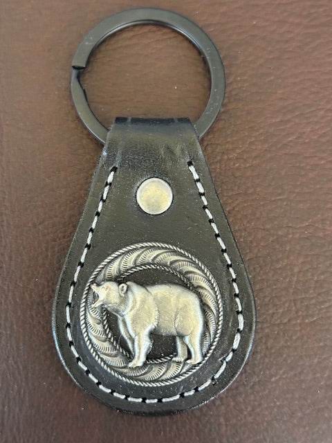 *In Stock* Leather Key Fob Black w/Antique Silver Angry Bear Concho
