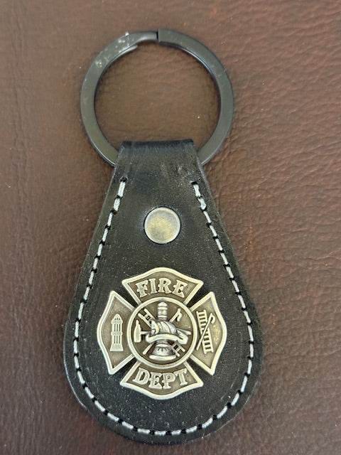 *In Stock* Leather Key Fob Black w/Antique Silver Fire Department Concho