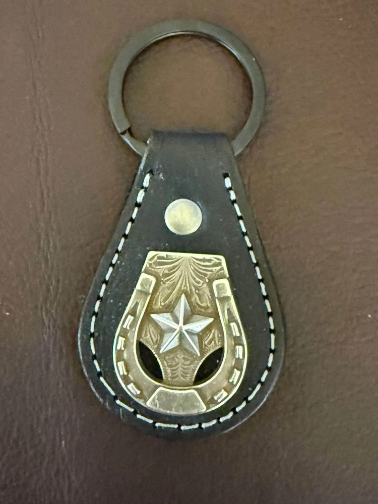 *In Stock* Leather Key Fob Black w/Antique Silver Horseshoe & Star Concho