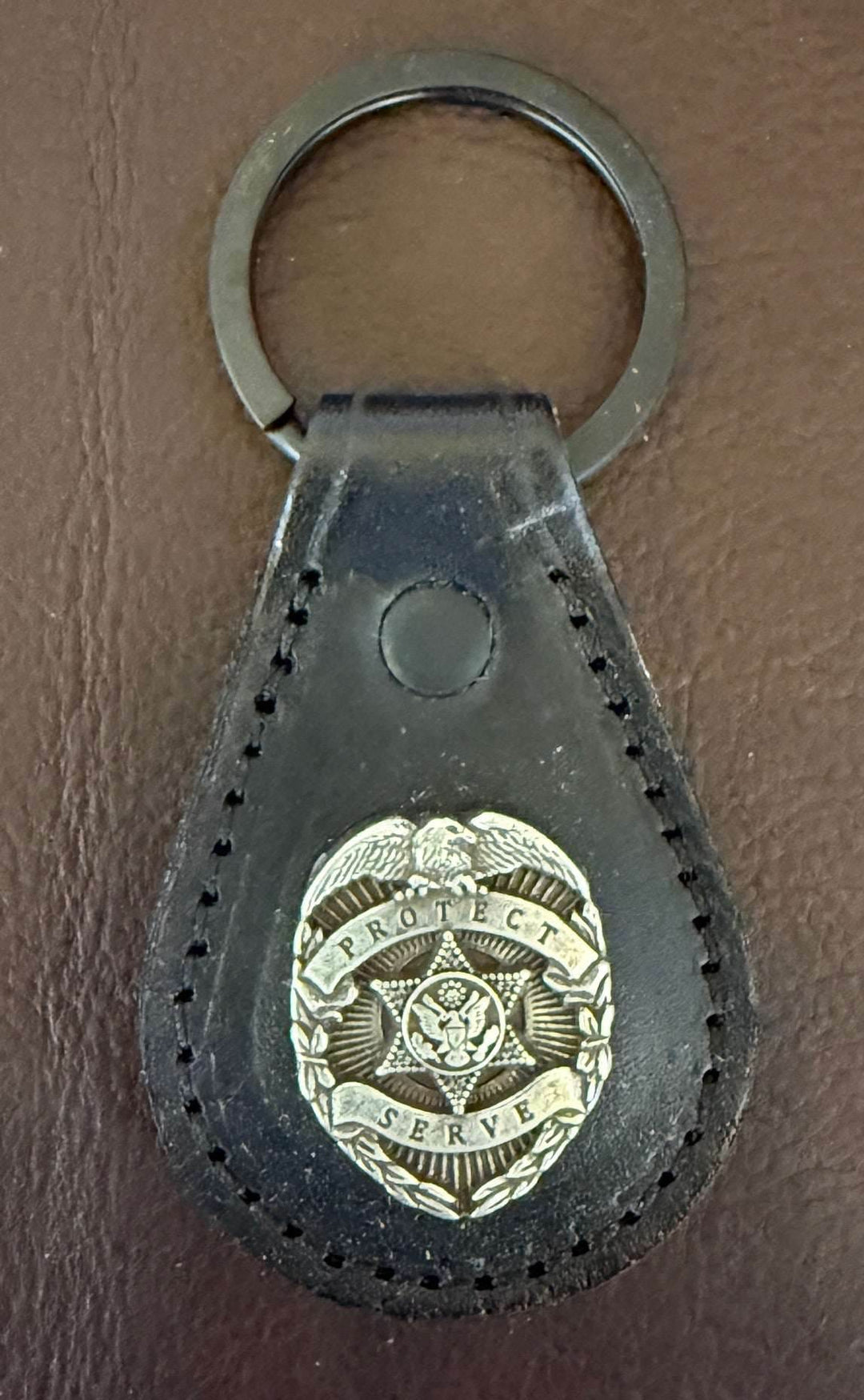 *In Stock* Leather Key Fob Black w/Antique Silver Police Badge Concho