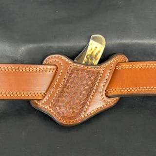 *In Stock* Leather Knife Sheath w/Basket Weave for Mini Copperlock or Mini Trapper