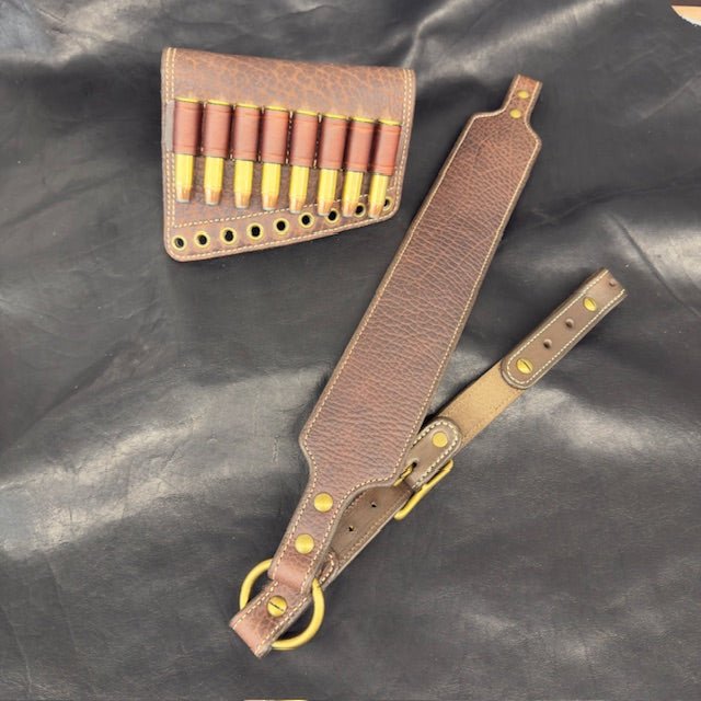 *In Stock* Leather Rifle Sling & RH Butt Cover Bundle – Brown Bison Leather, .45-70 Ammo Loops