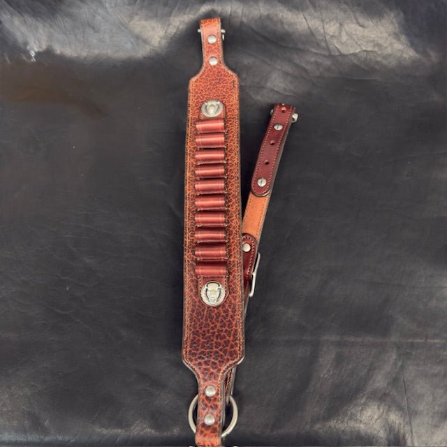 *In Stock* Leather Rifle Sling & RH Butt Cover Bundle – Mahogany American Bison Leather, .45-70 Ammo Loops