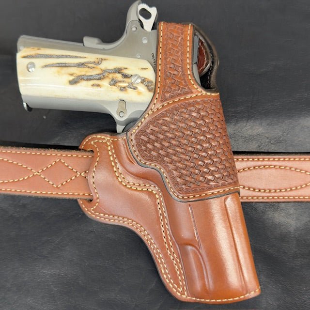 *In Stock* Outlaw Cross Draw 1911 5" – Basket-Weave Trim, Thumb Break, Saddle Oil Finish