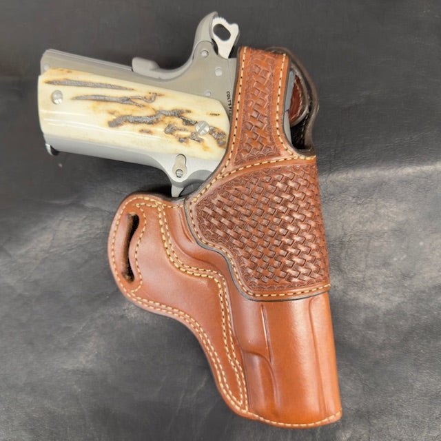 *In Stock* Outlaw Cross Draw 1911 5" – Basket-Weave Trim, Thumb Break, Saddle Oil Finish