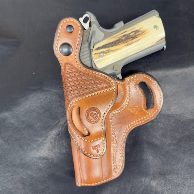 *In Stock* Outlaw Cross Draw 1911 5" – Basket-Weave Trim, Thumb Break, Saddle Oil Finish