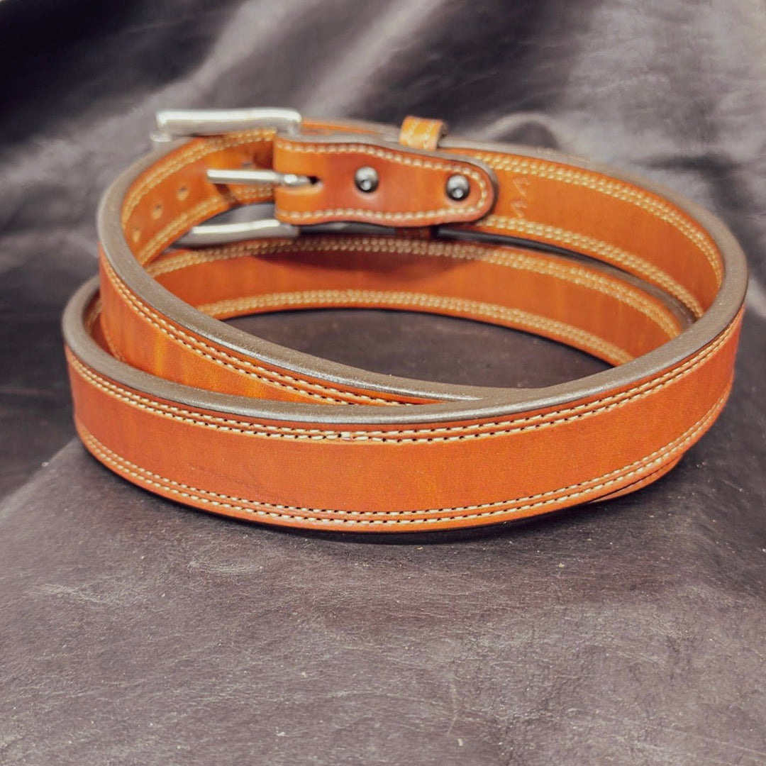*In Stock* Perfectly Imperfect 1.25" Carry Belt .25" Thick Double Stitch Saddle Oil Finish Size 44 - Busted B Leather