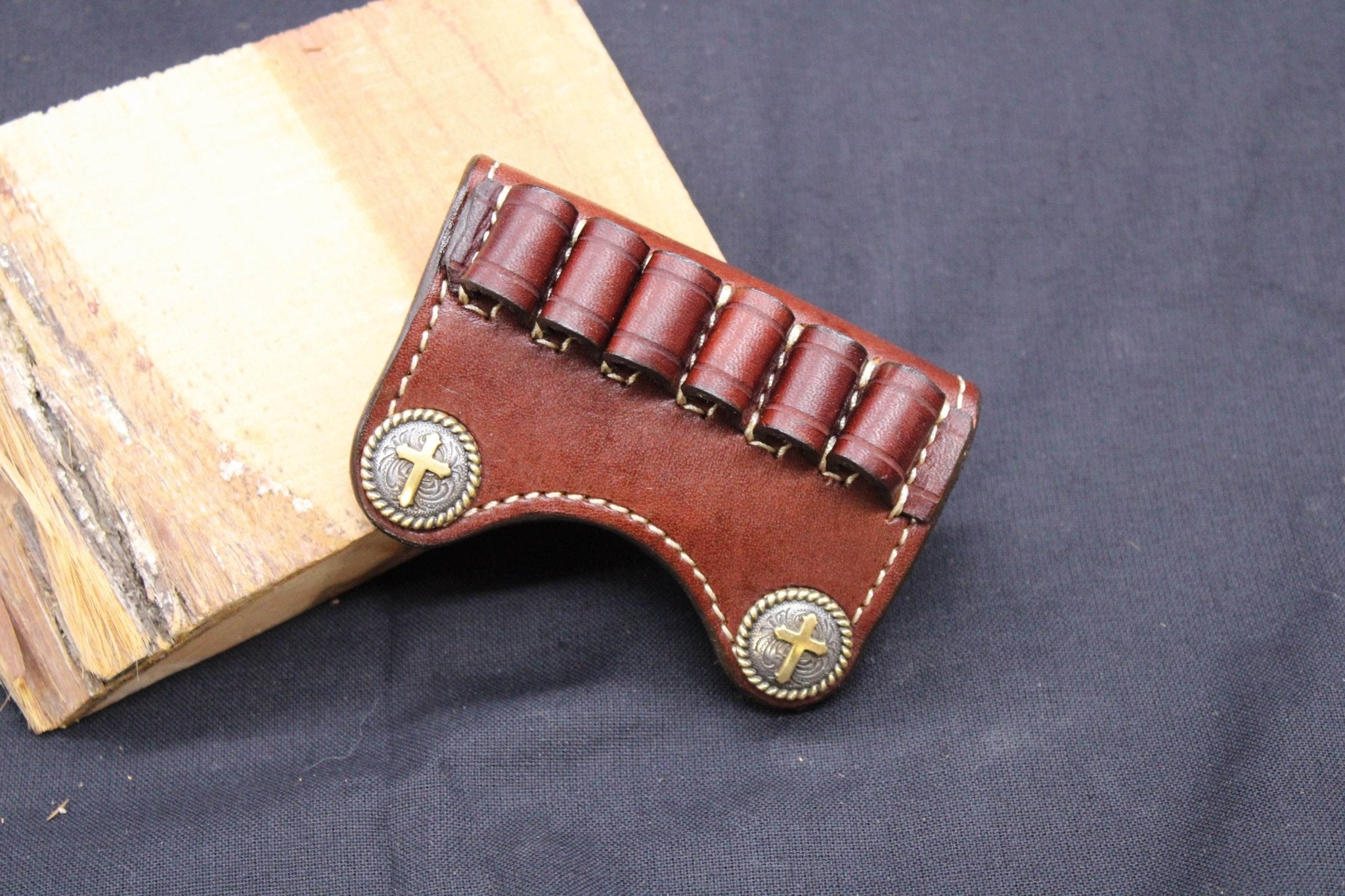 In Stock Premium Leather Ammo Slide 38/357/9mm Dark Brown Brass & Silver Rope Edge Cross Concho