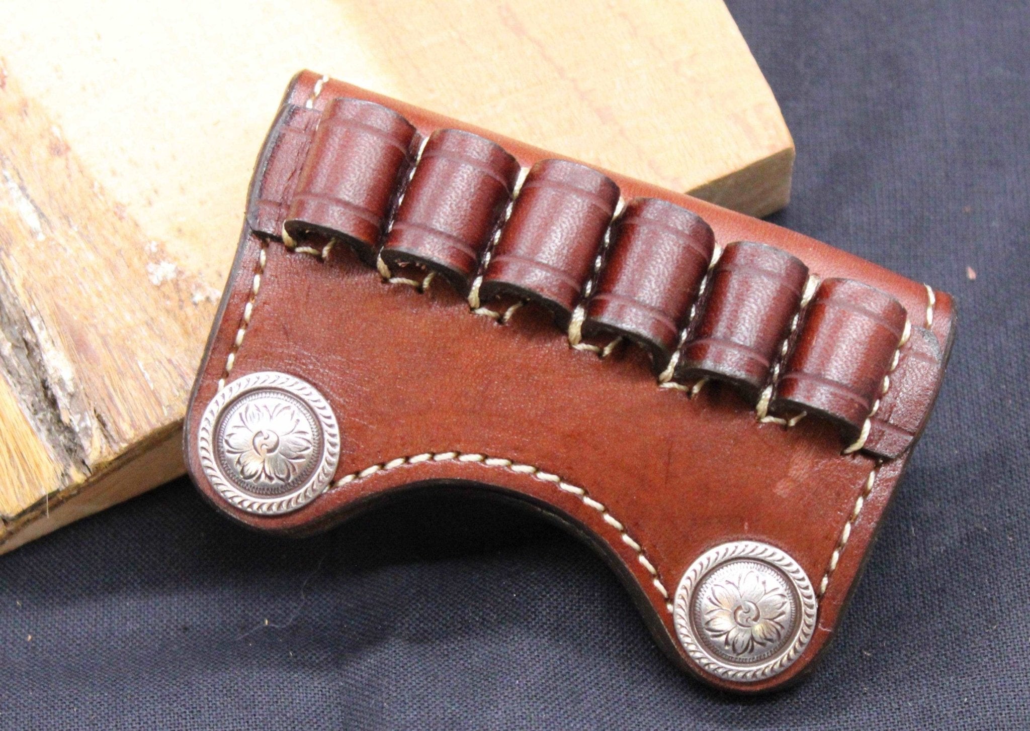 In Stock Premium Leather Ammo Slide 38/357/9mm Silver Rope Edge Flower Conchos