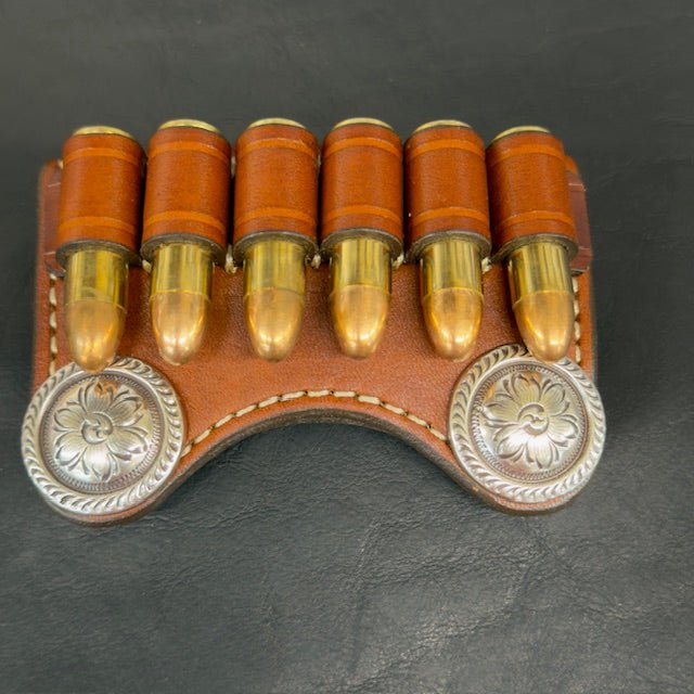 In Stock Premium Leather Ammo Slide 38/357/9mm Silver Rope Edge Flower Conchos