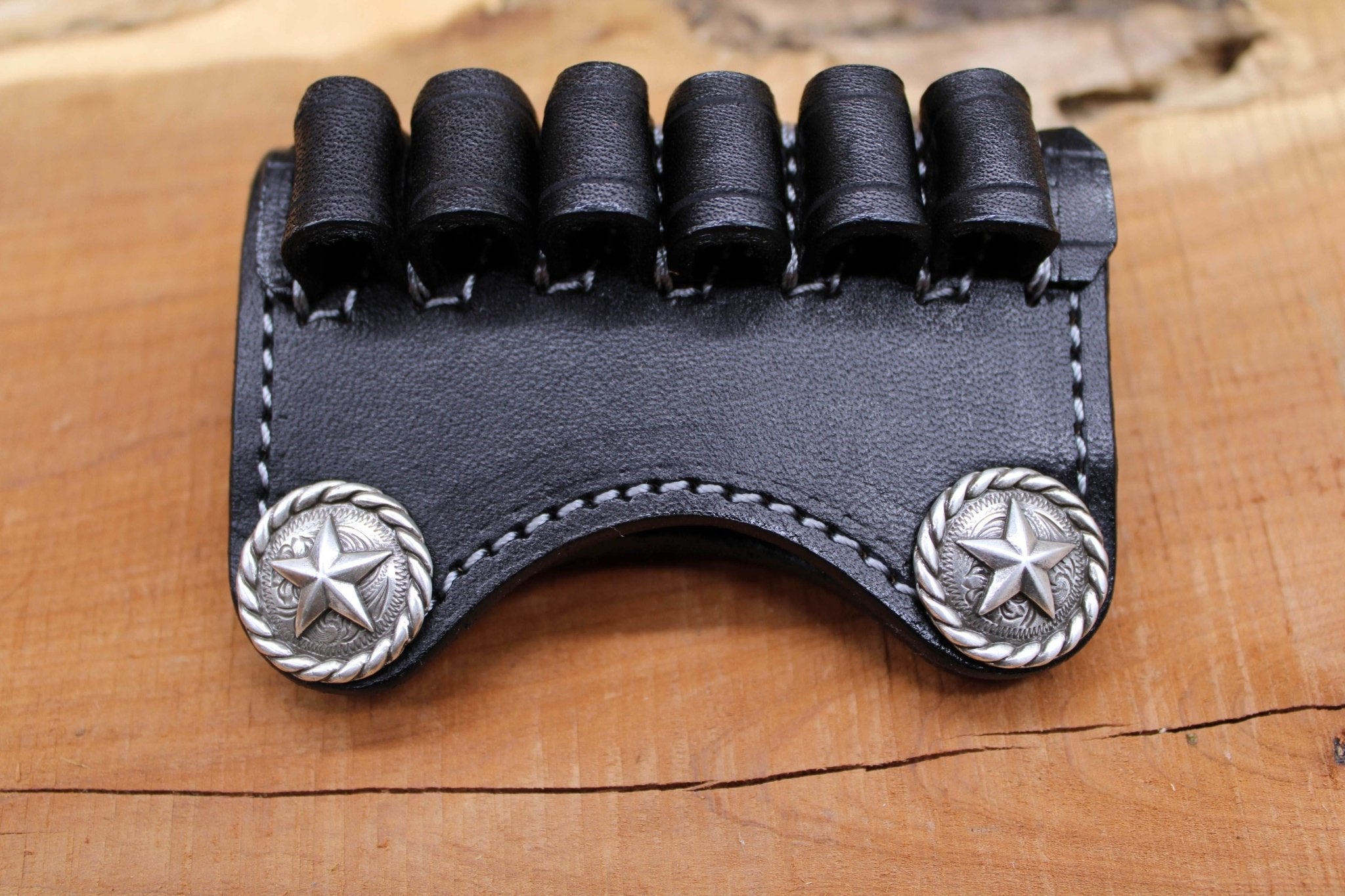 In Stock Premium Leather Ammo Slide 38/357/9mm Silver Rope Edge Star Conchos Black Silver