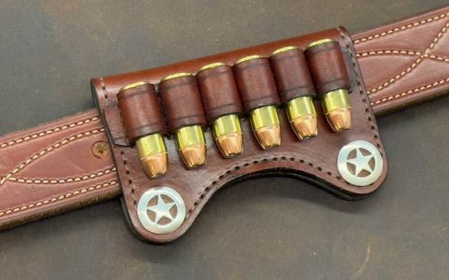 In Stock Premium Leather Ammo Slide 45/.410 Dark Brown w/Brown & 2 Smooth Texas Stars Conchos