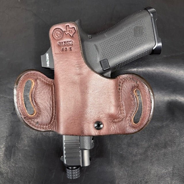 *In Stock* RH Belt Slide Unlined Holster Glock 43/43X/43X MOS/48 Havana w/Brown Stitch - Busted B Leather