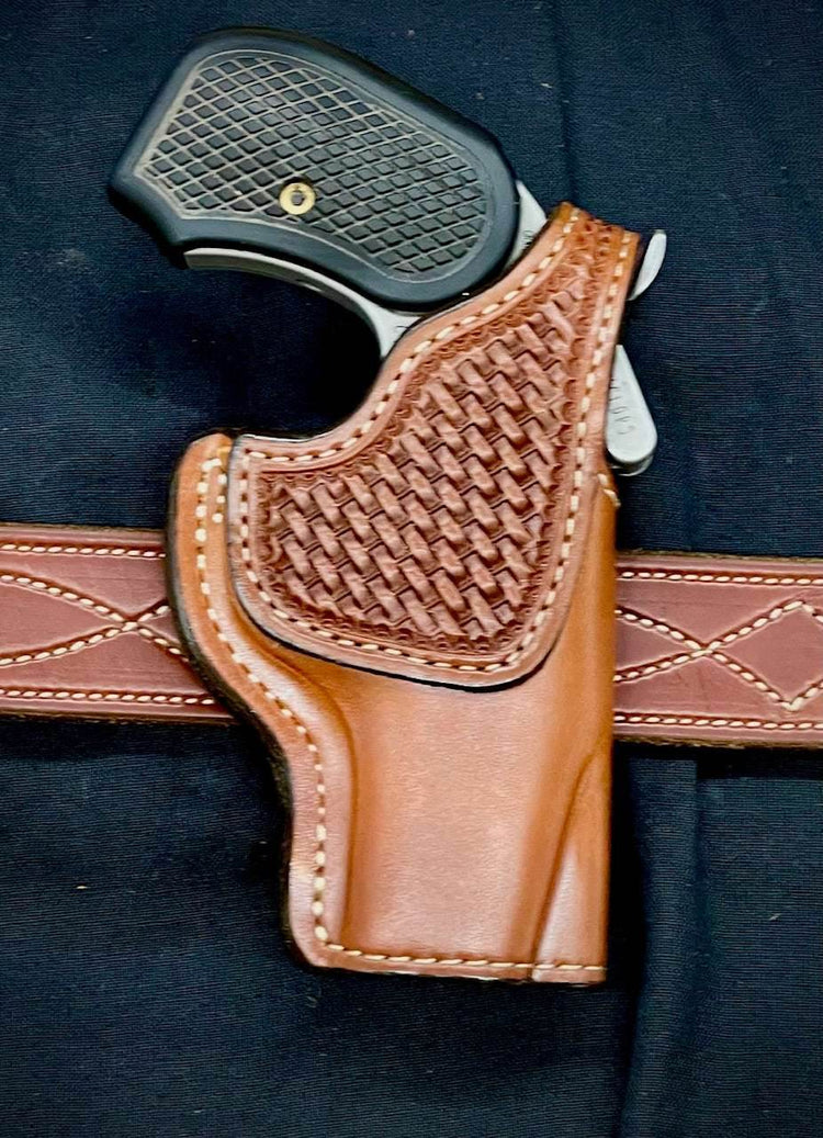*In Stock* RH Classic Thumb Break Holster for Bond Arms 4.25" Saddle Oil Finish w/Basket Weave Reinforcement Trim