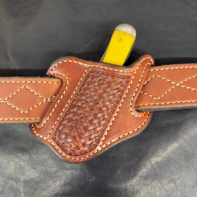 *In Stock* RH Cowboy Knife Sheath for 2 Blade Trapper 4 1/8 Saddle Oil Finish - Basket Weave