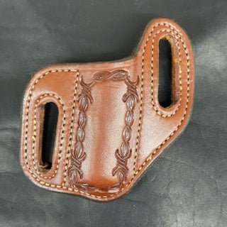 *In Stock* RH Cowboy Knife Sheath for 2 Blade Trapper 4 1/8 Saddle Oil Finish - Hand Tooled Border