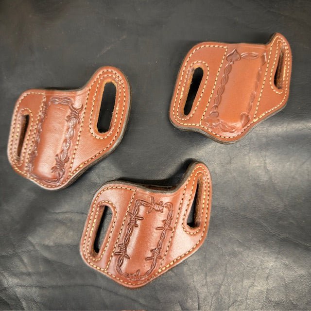 *In Stock* RH Cowboy Knife Sheath for 2 Blade Trapper 4 1/8 Saddle Oil Finish - Hand Tooled Border