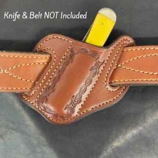 *In Stock* RH Cowboy Knife Sheath for 2 Blade Trapper 4 1/8 Saddle Oil Finish - Hand Tooled Border