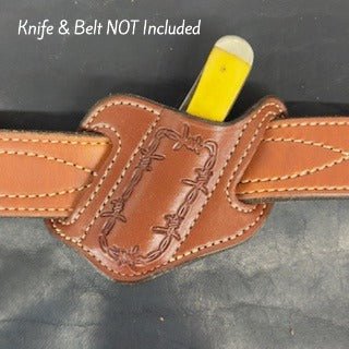 *In Stock* RH Cowboy Knife Sheath for 2 Blade Trapper 4 1/8 Saddle Oil Finish - Hand Tooled Border