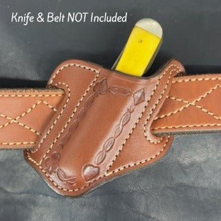*In Stock* RH Cowboy Knife Sheath for 2 Blade Trapper 4 1/8 Saddle Oil Finish - Hand Tooled Border