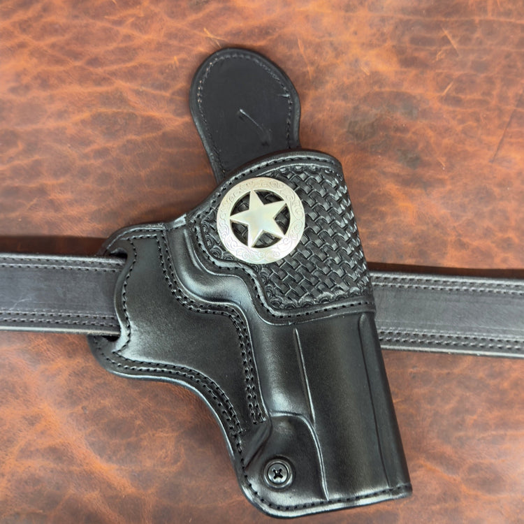 *In Stock* RH Outlaw Cross Draw Holster for 1911 5" – Black Leather, Basket Weave Trim, Texas Star - Busted B Leather