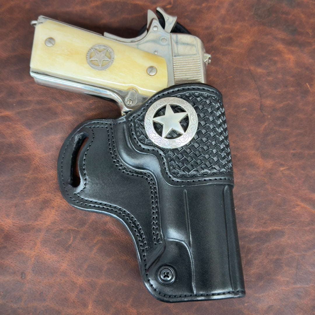 *In Stock* RH Outlaw Cross Draw Holster for 1911 5" – Black Leather, Basket Weave Trim, Texas Star - Busted B Leather