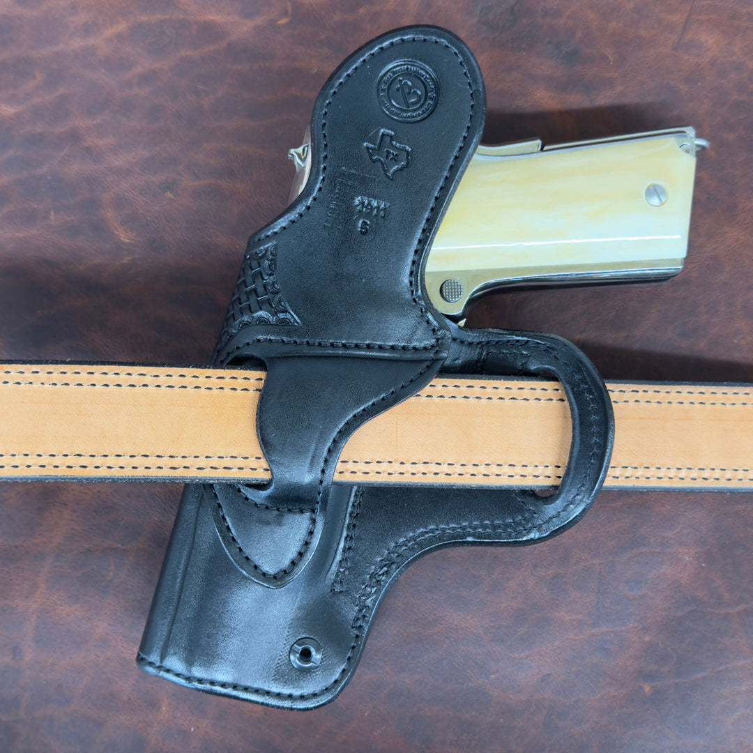 *In Stock* RH Outlaw Cross Draw Holster for 1911 5" – Black Leather, Basket Weave Trim, Texas Star - Busted B Leather