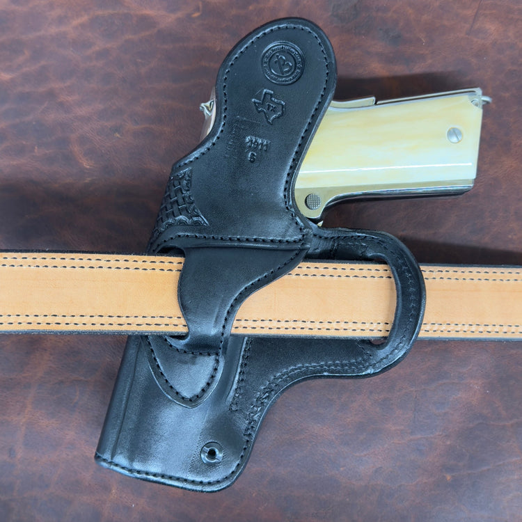*In Stock* RH Outlaw Cross Draw Holster for 1911 5" – Black Leather, Basket Weave Trim, Texas Star - Busted B Leather