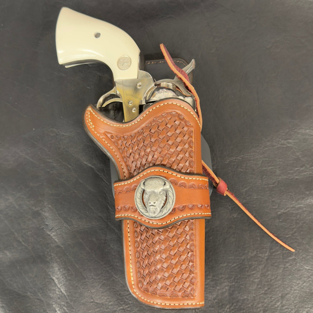 *In Stock* RH Paddle Rancher Cowboy Holster w/Basket Weave & Concho - Busted B Leather