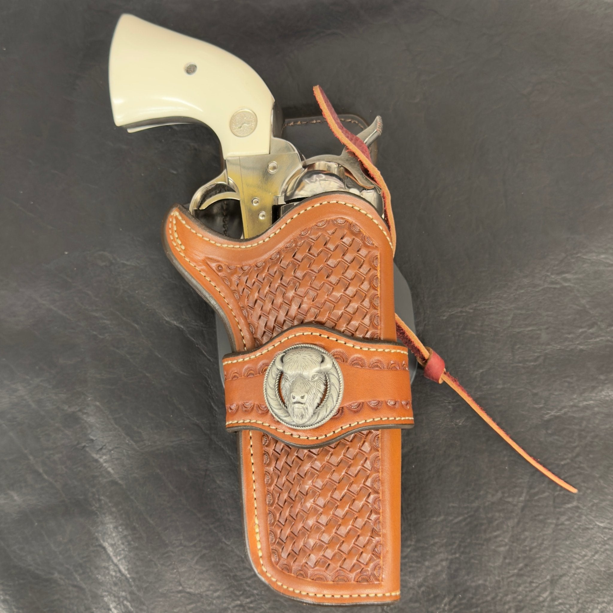 *In Stock* RH Paddle Rancher Cowboy Holster w/Basket Weave & Concho - Busted B Leather