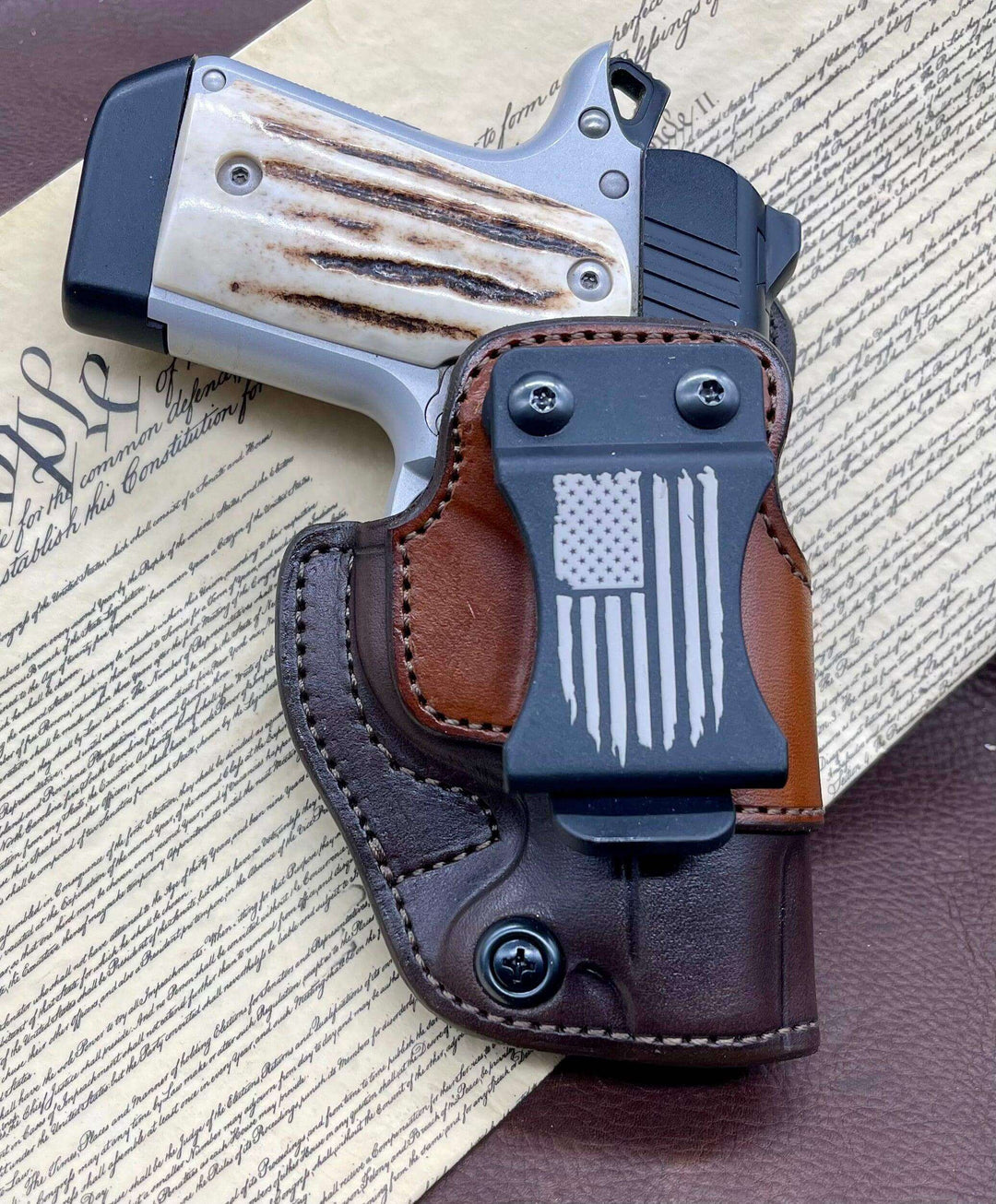 *In Stock* RH Side/LH SOB IWB Kimber Micro 9 Kydex Belt Clip "Distressed American Flag"-Busted B Leather