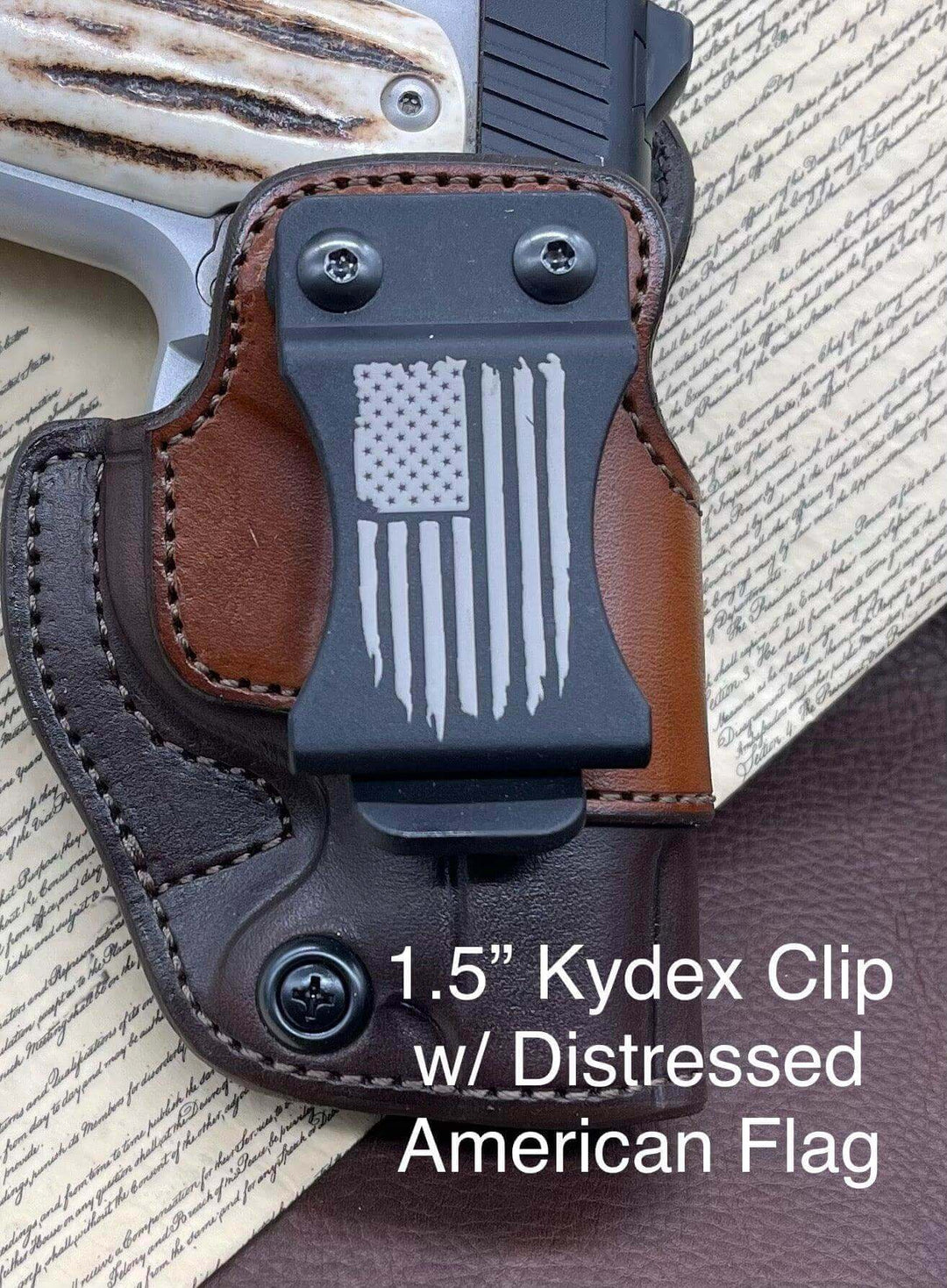 *In Stock* RH Side/LH SOB IWB Kimber Micro 9 Kydex Belt Clip "Distressed American Flag"-Busted B Leather