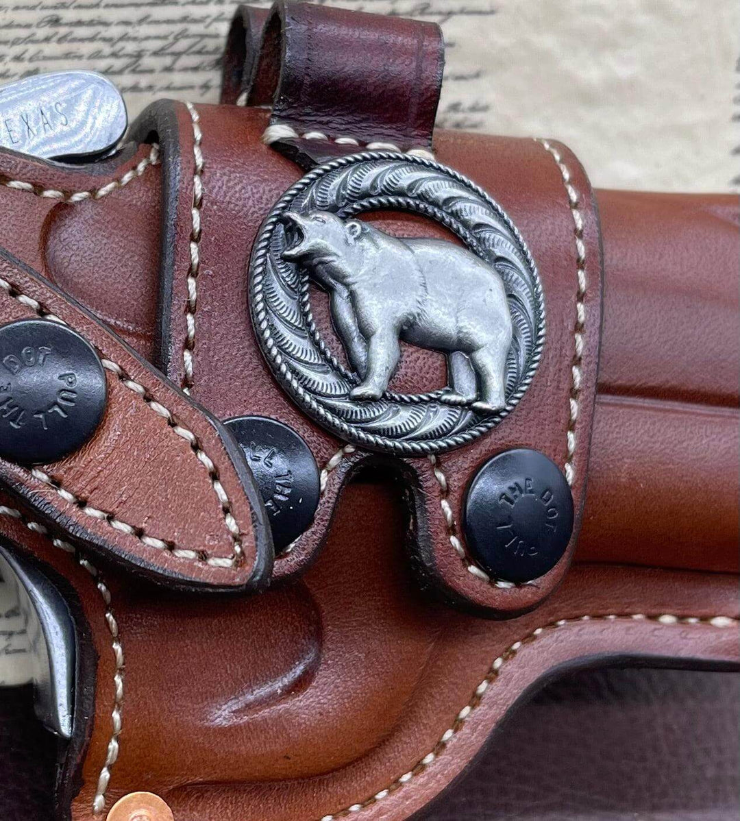 *In Stock* RH Sidewinder Holster for Bond Arms 4.25" .45 .410 Grizzly Concho Saddle Oil Finish w/ Natural Stitching-Busted B Leather