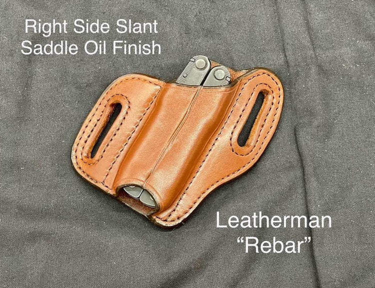 *In Stock* RH Slant Multi-Tool Sheath Leatherman Rebar Saddle Oil Finish w/Brown Stitch