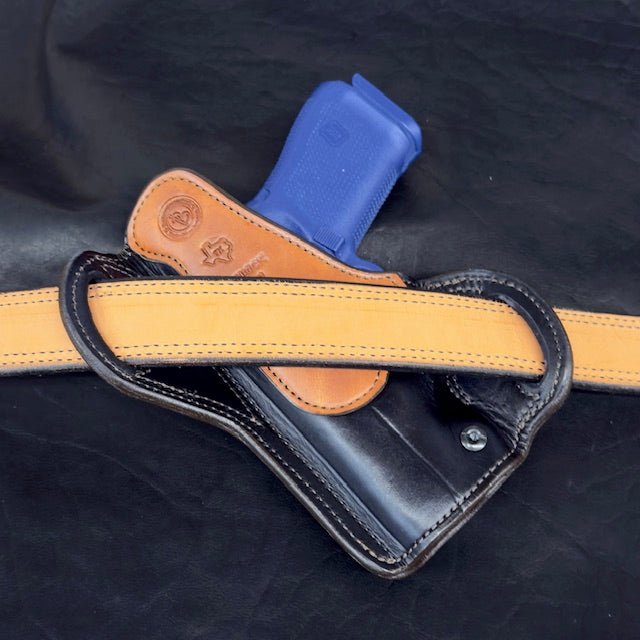 *In Stock* RH Texas Bodyguard Black w/Brown Stitch, Saddle Oil Finish Basket Weave Reinforcement Trim Glock 19 - Busted B Leather