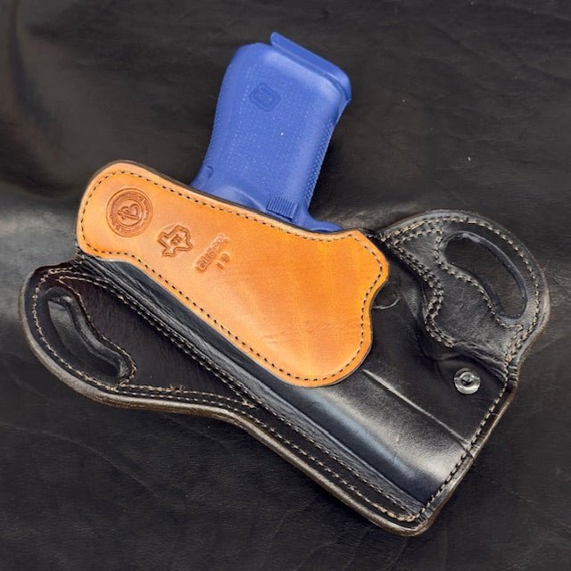 *In Stock* RH Texas Bodyguard Black w/Brown Stitch, Saddle Oil Finish Basket Weave Reinforcement Trim Glock 19 - Busted B Leather