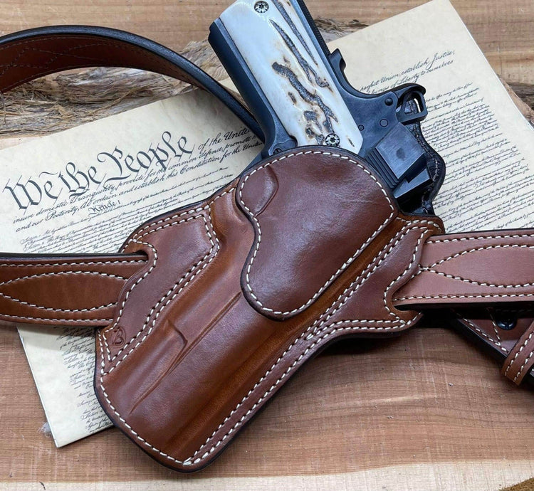 *In Stock* RH Texas Bodyguard Holster 1911 5" Saddle Oil Finish w/Natural Stitching