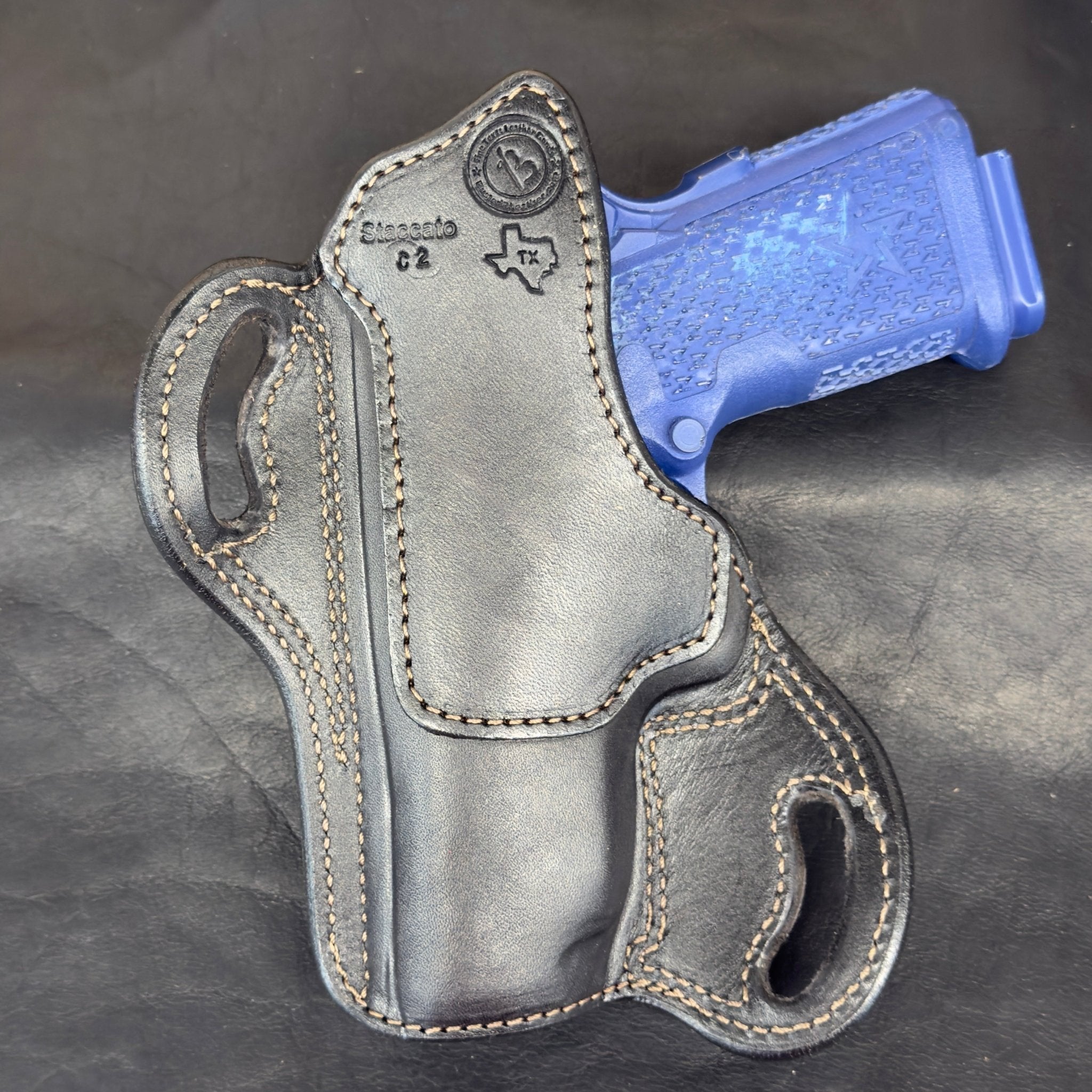 *In Stock* RH Texas Bodyguard Holster for Staccato C2 Black w/Brown Stitch Basket Weave Trim