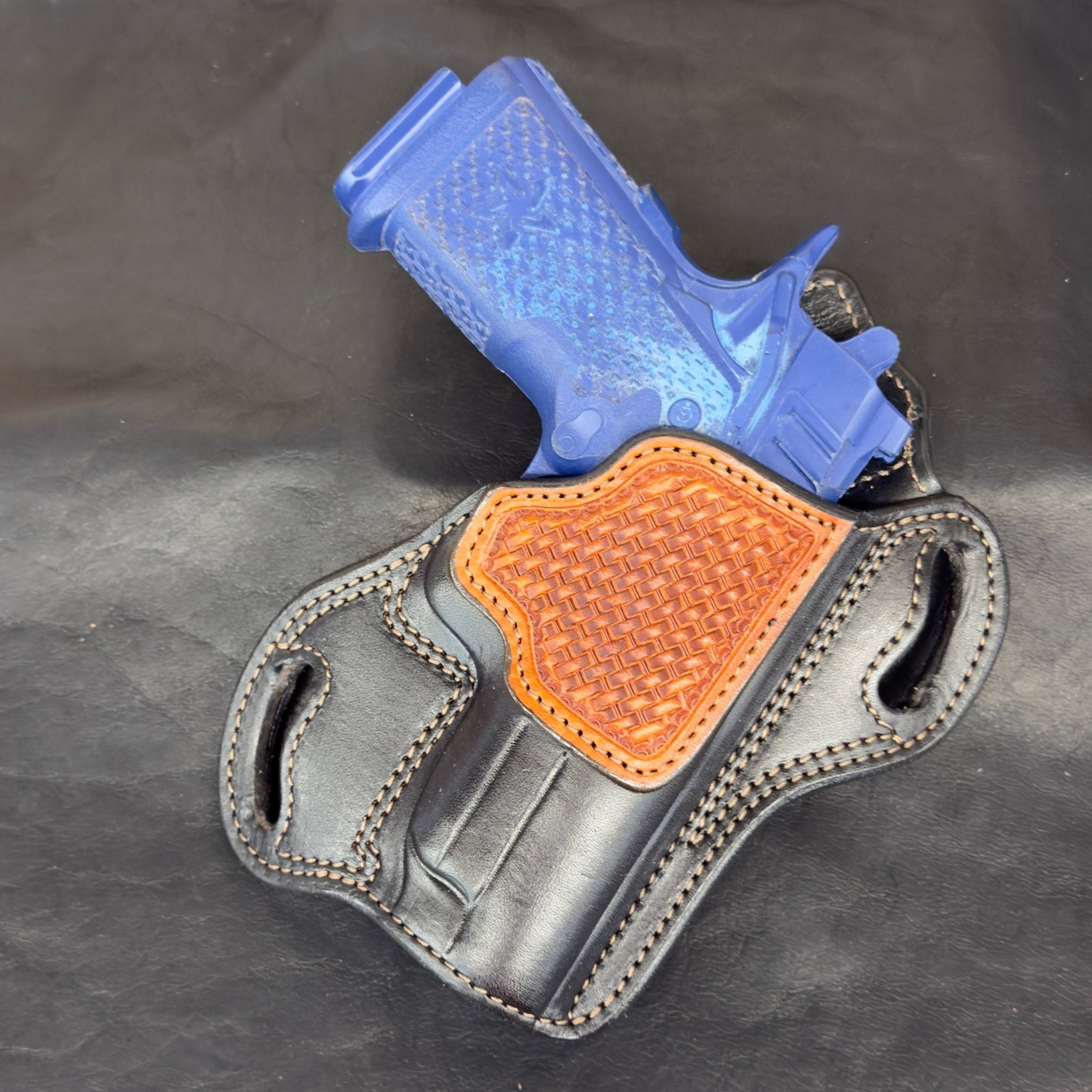 *In Stock* RH Texas Bodyguard Holster for Staccato C2 Black w/Brown Stitch Basket Weave Trim