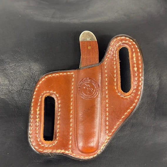 *In Stock* Slant Knife Sheath Slimline Single Blade Trapper 4 1/8" Saddle Oil Finish w/Brown or Natural Stitching