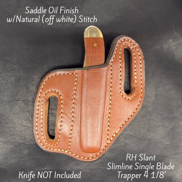 *In Stock* Slant Knife Sheath Slimline Single Blade Trapper 4 1/8" Saddle Oil Finish w/Brown or Natural Stitching