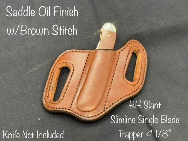 *In Stock* Slant Knife Sheath Slimline Single Blade Trapper 4 1/8" Saddle Oil Finish w/Brown or Natural Stitching