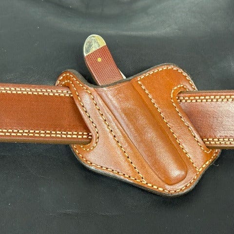 *In Stock* Slant Knife Sheath Slimline Single Blade Trapper 4 1/8" Saddle Oil Finish w/Brown or Natural Stitching
