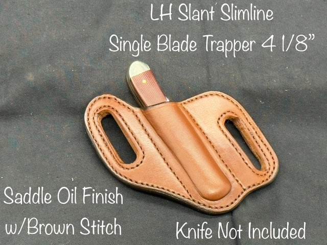 *In Stock* Slant Knife Sheath Slimline Single Blade Trapper 4 1/8" Saddle Oil Finish w/Brown or Natural Stitching