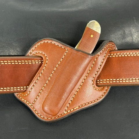 *In Stock* Slant Knife Sheath Slimline Single Blade Trapper 4 1/8" Saddle Oil Finish w/Brown or Natural Stitching