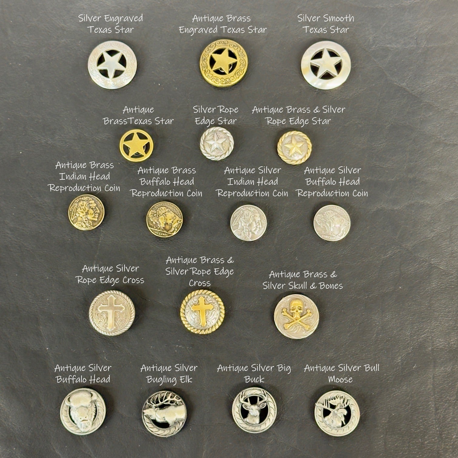 Collection of various coins and medallions on a dark background with labels.