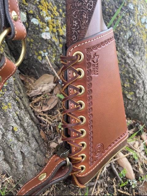 *Ammo Depot* RH Leather Butt-Cover w/Ammo Loops Henry Side Gate, Henry Big Boy Brass Rifles .44 Mag Saddle Oil Finish w/Natural Stitch & Hand Tooled Crescent Border