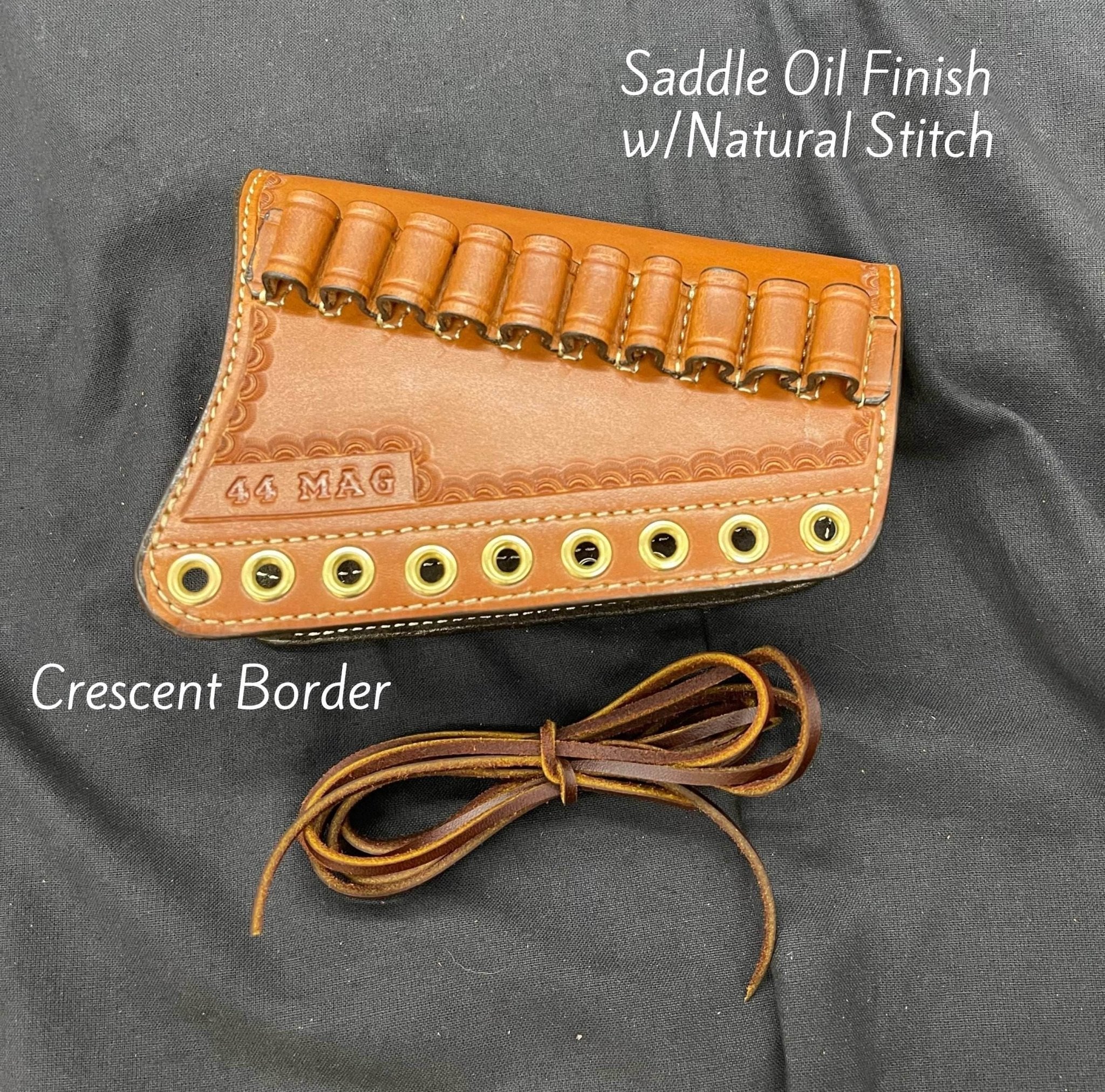 *Ammo Depot* RH Leather Butt-Cover w/Ammo Loops Henry Side Gate, Henry Big Boy Brass Rifles .44 Mag Saddle Oil Finish w/Natural Stitch & Hand Tooled Crescent Border